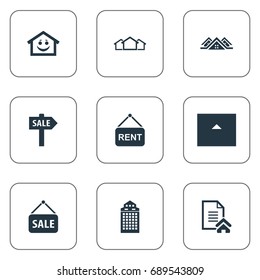 Vector Illustration Set Of Simple Real Icons. Elements Lease Information, Smiley Casa, Eco-Homes And Other Synonyms Home, Happy And Skyscraper.