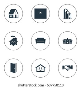 Vector Illustration Set Of Simple Real Icons. Elements Smiley Casa, Partnership, Residence And Other Synonyms Heart, Residence And Cottage.