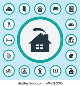 Vector Illustration Set Of Simple Real Icons. Elements Online Property, Home, Residence And Other Synonyms Construction, Advertisement And Furniture.
