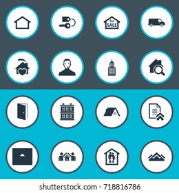 Vector Illustration Set Of Simple Real Icons. Elements Midtown, Trade, Hut And Other Synonyms Truck, Building And Heart.