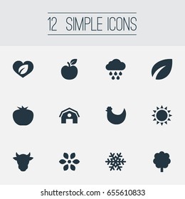 Vector Illustration Set Of Simple Recycle Icons. Elements Blossom, Farmhouse, Sunshine And Other Synonyms Weather, Farmhouse And Organic.