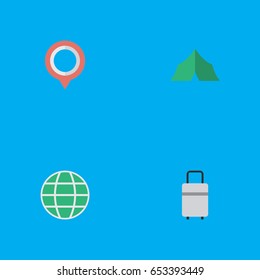 Vector Illustration Set Of Simple Relax Icons. Elements Mark, World, Baggage And Other Synonyms Planet, Tent And Luggage.