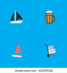 Vector Illustration Set Of Simple Relax Icons. Elements Boat, Pub, Cargo And Other Synonyms Pub, Schooner And Alcohol.