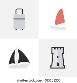 Vector Illustration Set Of Simple Relax Icons. Elements Boat, Schooner, Baggage And Other Synonyms Tower, Bag And Defence.