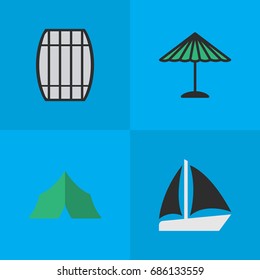 Vector Illustration Set Of Simple Relax Icons. Elements Cask, Camping, Schooner And Other Synonyms Sailboat, Cask And Container.