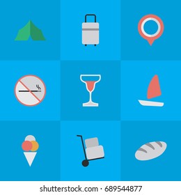 Vector Illustration Set Of Simple Relax Icons. Elements Mark, Baggage, Bakery And Other Synonyms Pin, Forbidden And Bakery.