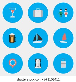 Vector Illustration Set Of Simple Relax Icons. Elements Mark, Tower, Baggage And Other Synonyms Suitcase, Tower And Bag.