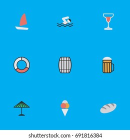 Vector Illustration Set Of Simple Relax Icons. Elements Sorbet, Boat, Bakery And Other Synonyms Bread, Ship And Pool.