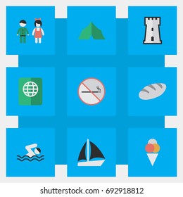 Vector Illustration Set Of Simple Relax Icons. Elements Camping, Smoke Forbidden, Pair And Other Synonyms Smoking, Tower And Love.