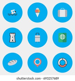 Vector Illustration Set Of Simple Relax Icons. Elements Pool, Tower, Certificate And Other Synonyms Pin, Swimming And Location.