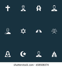 Vector Illustration Set Of Simple Religion Icons. Elements David Star, Clergyman, Cleric And Other Synonyms Christian, Star And Invocation.