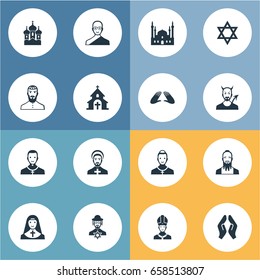 Vector Illustration Set Of Simple Religion Icons. Elements Buddhist, Orison, Catholic And Other Synonyms Mosque, Demon And Blessing.