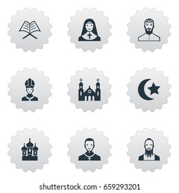 Vector Illustration Set Of Simple Religion Icons. Elements Catholic, Temple, Pontiff And Other Synonyms Synagogue, Church And Temple.