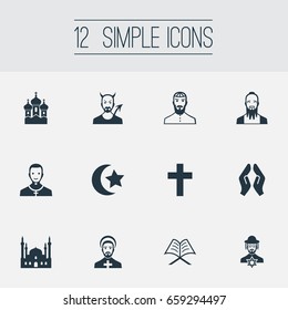 Vector Illustration Set Of Simple Religion Icons. Elements Cleric, Chapel, Pater And Other Synonyms Orison, Mohammedanism And Taoist.