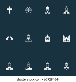 Vector Illustration Set Of Simple Religion Icons. Elements Chapel, Catholic, Pater And Other Synonyms Buddhist, Chapel And Pontiff.