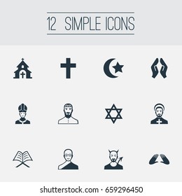 Vector Illustration Set Of Simple Religion Icons. Elements David Star, Christian, Orison And Other Synonyms Buddhist, Orison And Lucifer.
