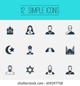 Vector Illustration Set Of Simple Religion Icons. Elements Cleric, Mohammedanism, Pontiff And Other Synonyms Buddhist, Judaic And Clergyman.