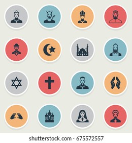 Vector Illustration Set Of Simple Religion Icons. Elements Orison, Crucifix, Chapel And Other Synonyms Reverend, Devil And Chapel.