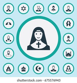 Vector Illustration Set Of Simple Religion Icons. Elements Pontiff, Pater, Chapel And Other Synonyms Priestess, Jewish And Demon.