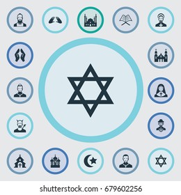 Vector Illustration Set Of Simple Religion Icons. Elements Catholic, Taoism, Devil And Other Synonyms Chapel, Parish And Chaplain.