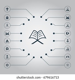 Vector Illustration Set Of Simple Religion Icons. Elements Mohammedanism, Pontiff, Catholic And Other Synonyms Star, Jewish And Catholic.