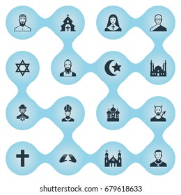 Vector Illustration Set Of Simple Religion Icons. Elements Pontiff, David Star, Mohammedanism And Other Synonyms Crucifix, Judaic And Taoist.