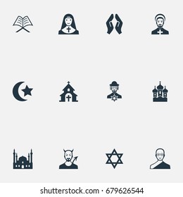 Vector Illustration Set Of Simple Religion Icons. Elements Muslim, David Star, Priestess And Other Synonyms Christian, Monk And Islam.