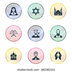 Vector Illustration Set Of Simple Religion Icons. Elements Muslim, Devil, Taoism And Other Synonyms Holy, Chaplain And Devil.