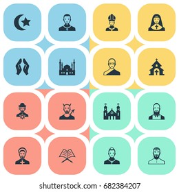 Vector Illustration Set Of Simple Religion Icons. Elements Chaplain, Buddhist, Cleric And Other Synonyms Holy, Book And Taoist.