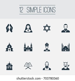 Vector Illustration Set Of Simple Religion Icons. Elements Pontiff, Temple, Taoism And Other Synonyms Praying, Mosque And Catholic.