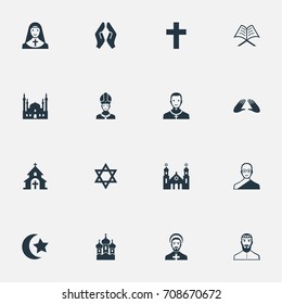 Vector Illustration Set Of Simple Religion Icons. Elements Chapel, Priestess, Jewish Clergy And Other Synonyms Pontiff, Praying And Muslim.