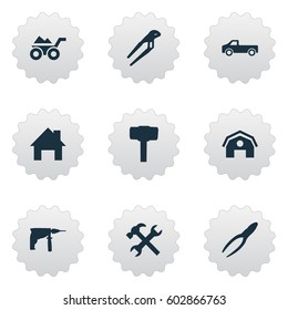 Vector Illustration Set Of Simple Repair Icons. Elements Hangar, Adjustable Wrench, Workshop And Other Synonyms Repair, Hammer And Wrench.