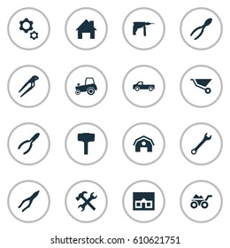 Vector Illustration Set Of Simple Repair Icons. Elements Transportation, Hangar, Electric Screwdriver And Other Synonyms Drill, Tractor And Load.