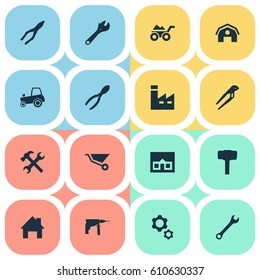 Vector Illustration Set Of Simple Repair Icons. Elements Agriculture Transport, Workshop, Cart And Other Synonyms Factory, Electric And Tractor.