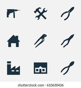 Vector Illustration Set Of Simple Repair Icons. Elements Home, House, Clamping Instrument And Other Synonyms Instrument, Factory And Electric.
