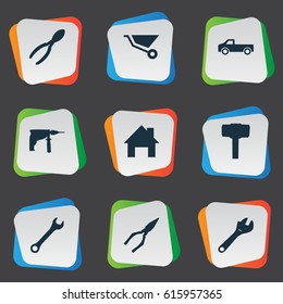 Vector Illustration Set Of Simple Repair Icons. Elements Carpentry Equipment, Wrench, Cutters And Other Synonyms Cart, Cutters And Home.