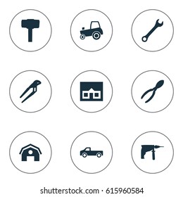 Vector Illustration Set Of Simple Repair Icons. Elements Adjustable Wrench, Cutters, Electric Screwdriver And Other Synonyms Farming, Tractor And Home.