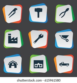Vector Illustration Set Of Simple Repair Icons. Elements Home, Transportation, Cutters And Other Synonyms Factory, Tool And Carpentry.
