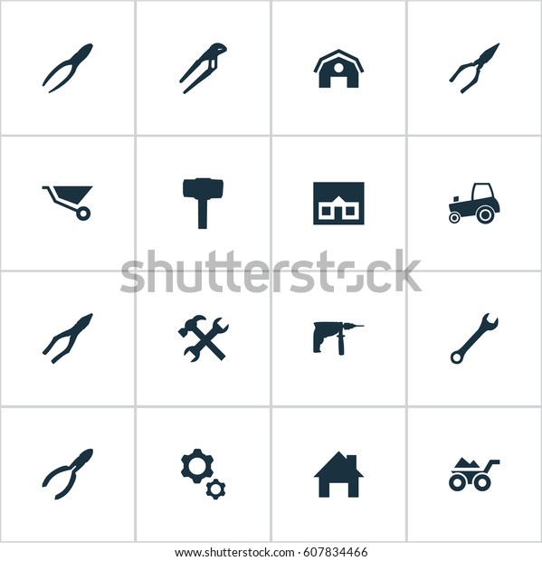 Vector Illustration Set Of Simple Repair\
Icons. Elements Workshop, Cart, Carpentry Equipment And Other\
Synonyms Empty, Tractor And\
Agriculture.