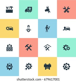 Vector Illustration Set Of Simple Repairing Icons. Elements Refit, Builder Team, Caution And Other Synonyms Garage, Cogwheel And Gear.