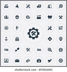 Vector Illustration Set Of Simple Repairing Icons. Elements Vacuum Cleaner, Tool Case, Magnifier And Other Synonyms Repair, Rotate And Team.