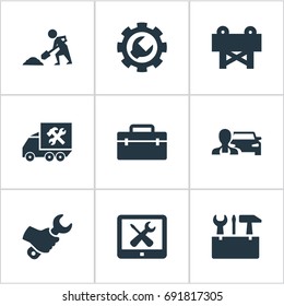 Vector Illustration Set Of Simple Repairing Icons. Elements Refit, Van, Toolkit And Other Synonyms Setting, Van And Monitor.