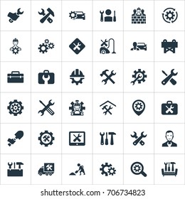 Vector Illustration Set Of Simple Repairing Icons. Elements Specialist, Cogwheel, Repairman And Other Synonyms Construction, Tool And Spade.