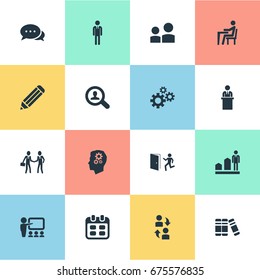 Vector Illustration Set Of Simple Resources Icons. Elements Work Man, Date Block, Interaction And Other Synonyms Employee, Presentation And Find.