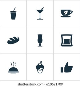 Vector Illustration Set Of Simple Restaurant Icons. Elements Favorite, Glass, Bread And Other Synonyms Leaf, Food And Tea.