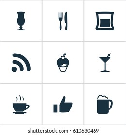 Vector Illustration Set Of Simple Restaurant Icons. Elements Muffin, Martini, Favorite And Other Synonyms Dessert, Hot And Martini.