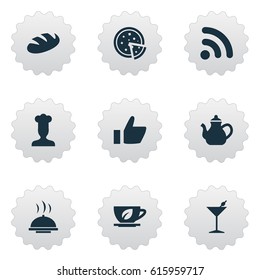 Vector Illustration Set Of Simple Restaurant Icons. Elements Food Tray, Kettle, Martini And Other Synonyms Wifi, Martini And Hand.