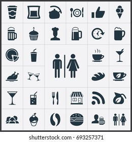Vector Illustration Set Of Simple Restaurant Icons. Elements Parents, Glass, Cone And Other Synonyms Kettle, Food And Grill.