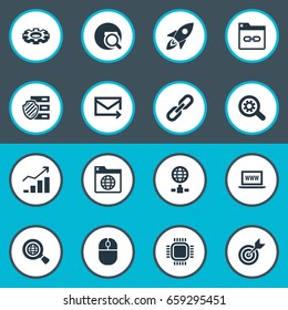 Vector Illustration Set Of Simple Review Icons. Elements Bookmark, Globe, World Wide Web And Other Synonyms Link, Processor And Aim.