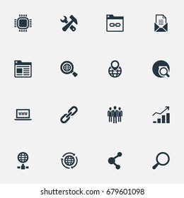 Ilustración vectorial Conjunto De Iconos De Revisión Simple. Elementos Globo, Grupo, Web Mundial Y Otros Sinónimos Planeta, Martillo Y Llave.